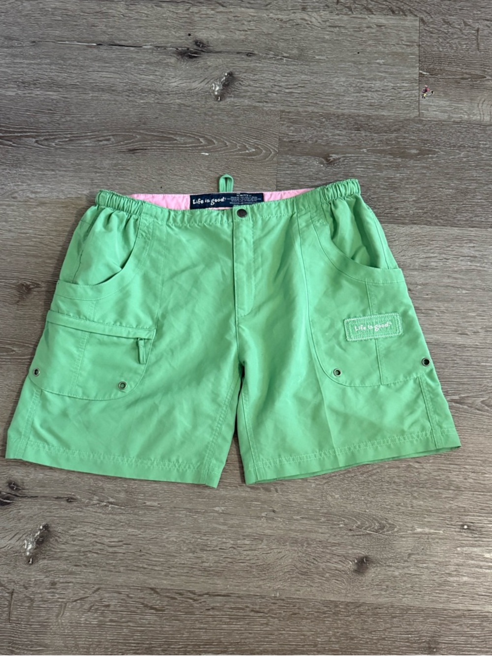 Life Is Good Light Green Cargo Shorts with Pink Waistband Accent | Size M